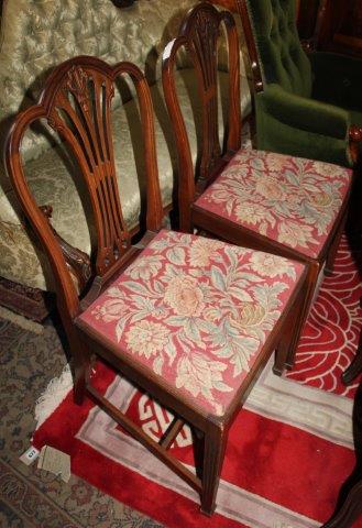 Pair Hepplewhite style dining chairs with tapestry upholstered seats and a caned seat chair (3)(-)
